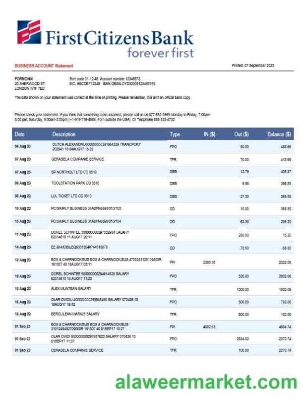 First Citizens Bank business statement Word and PDF template